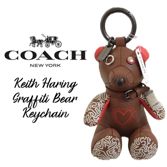 Coach Keith Haring Bear Rare Bag Charm Fob Red Brown Keychain - Picture 1 of 4
